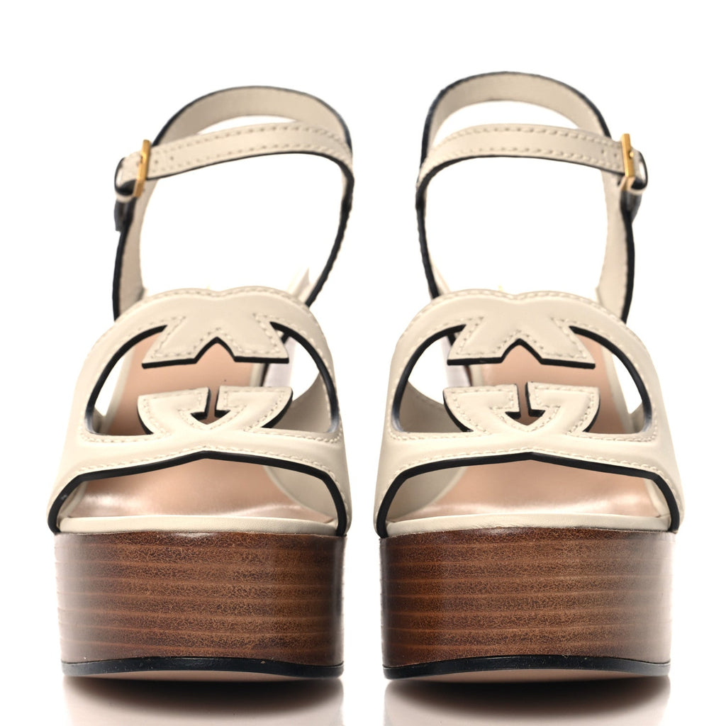 Cosmos Softy Calfskin Wooden Interlocking G Cut-Out 30/120mm Platform Sandals 35 Mystic White