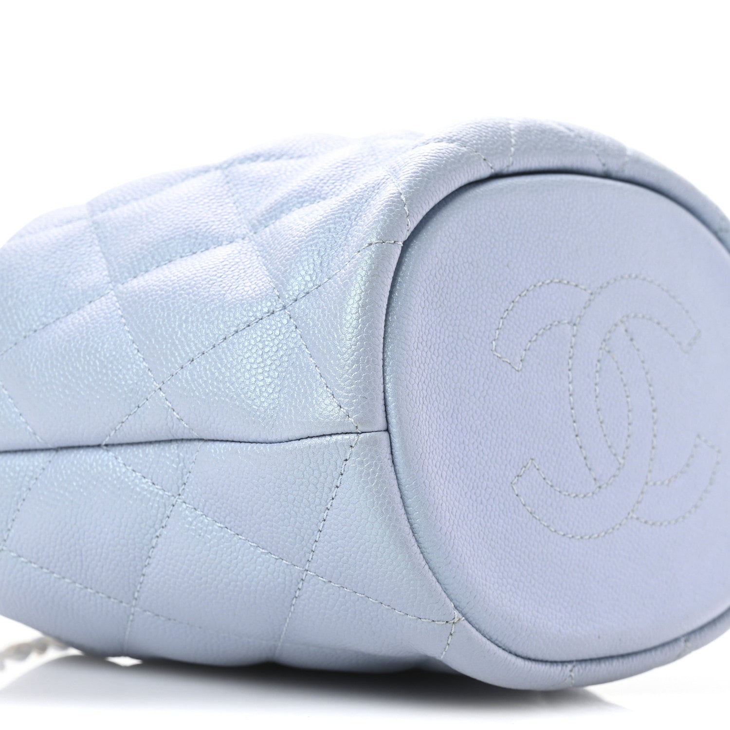 Iridescent Caviar Quilted My Perfect CC Bucket Drawstring Bag Light Blue