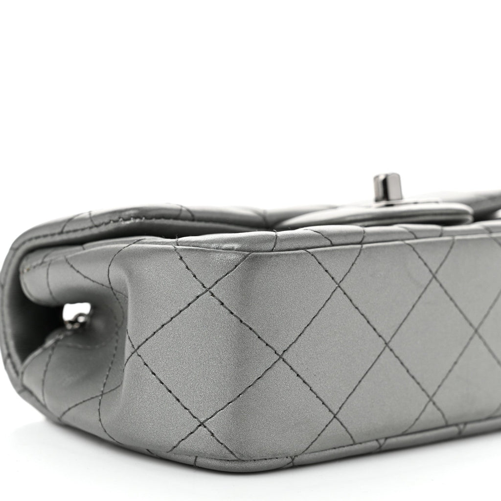 Metallic Lambskin Quilted Extra Mini Rectangular Flap Dark Silver