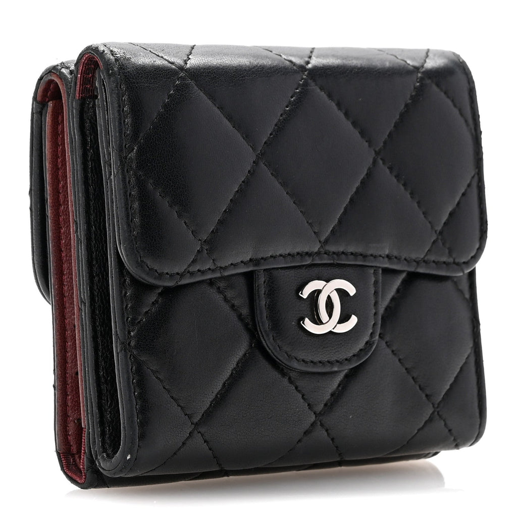 Lambskin Quilted Tri-Fold Flap Wallet Black