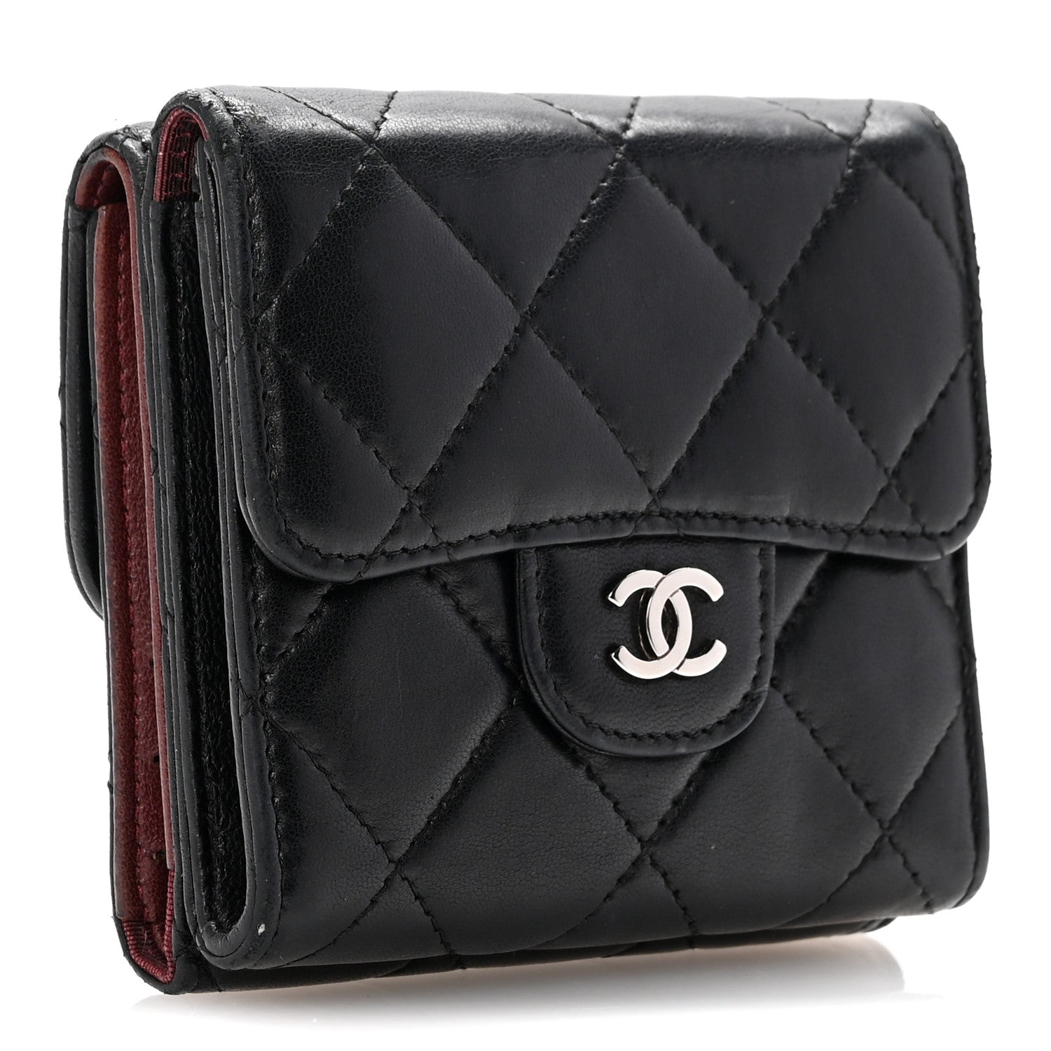 Lambskin Quilted Tri-Fold Flap Wallet Black