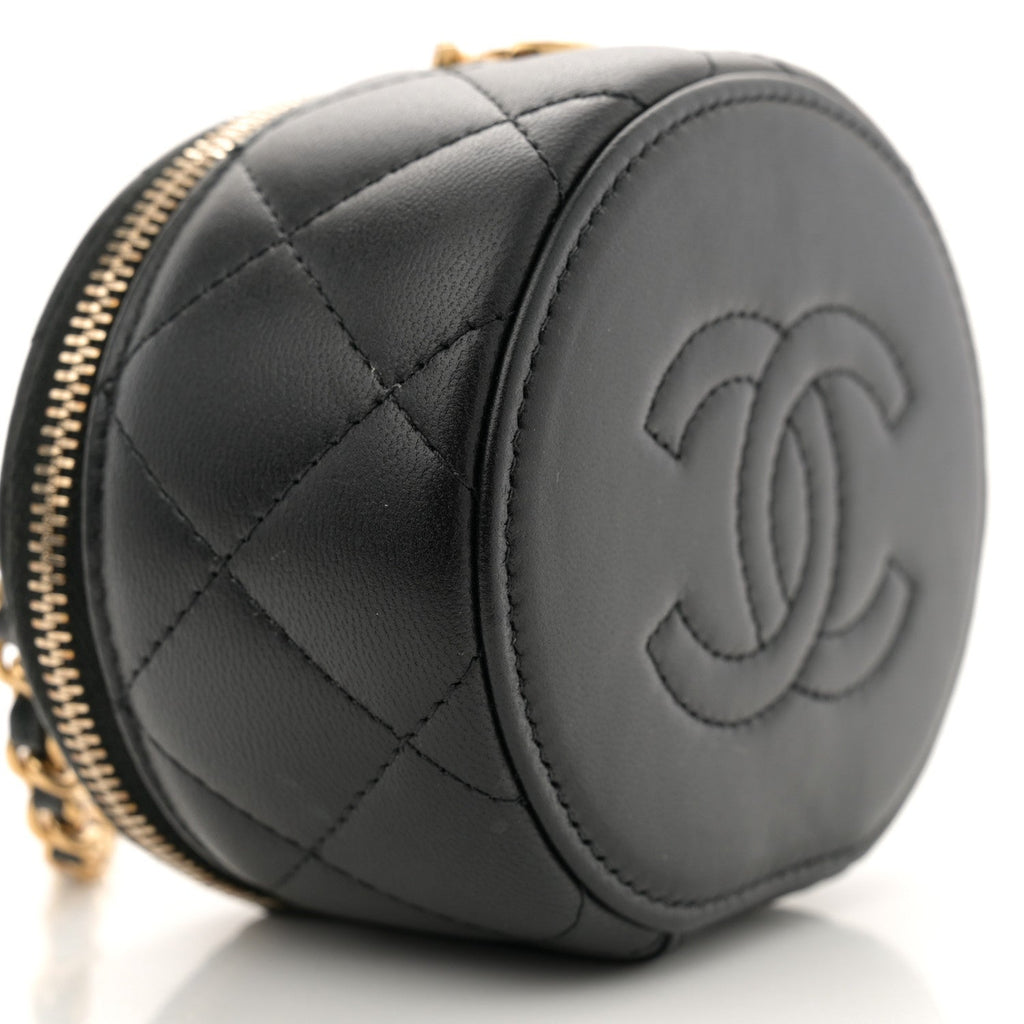 Lambskin Pearl Crystal Quilted Pearly Girl Top Handle Round Vanity Case With Chain Black