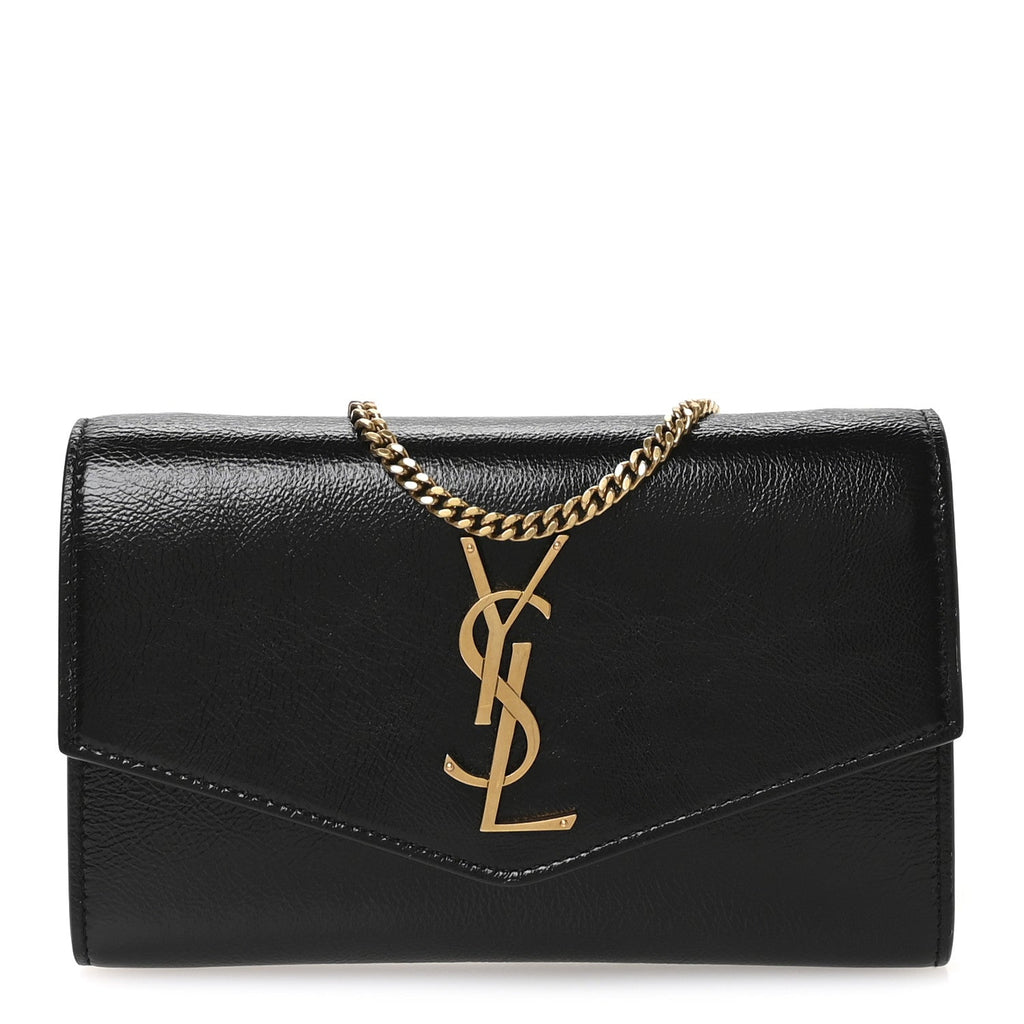 Crinkled Calfskin Uptown Chain Wallet Black