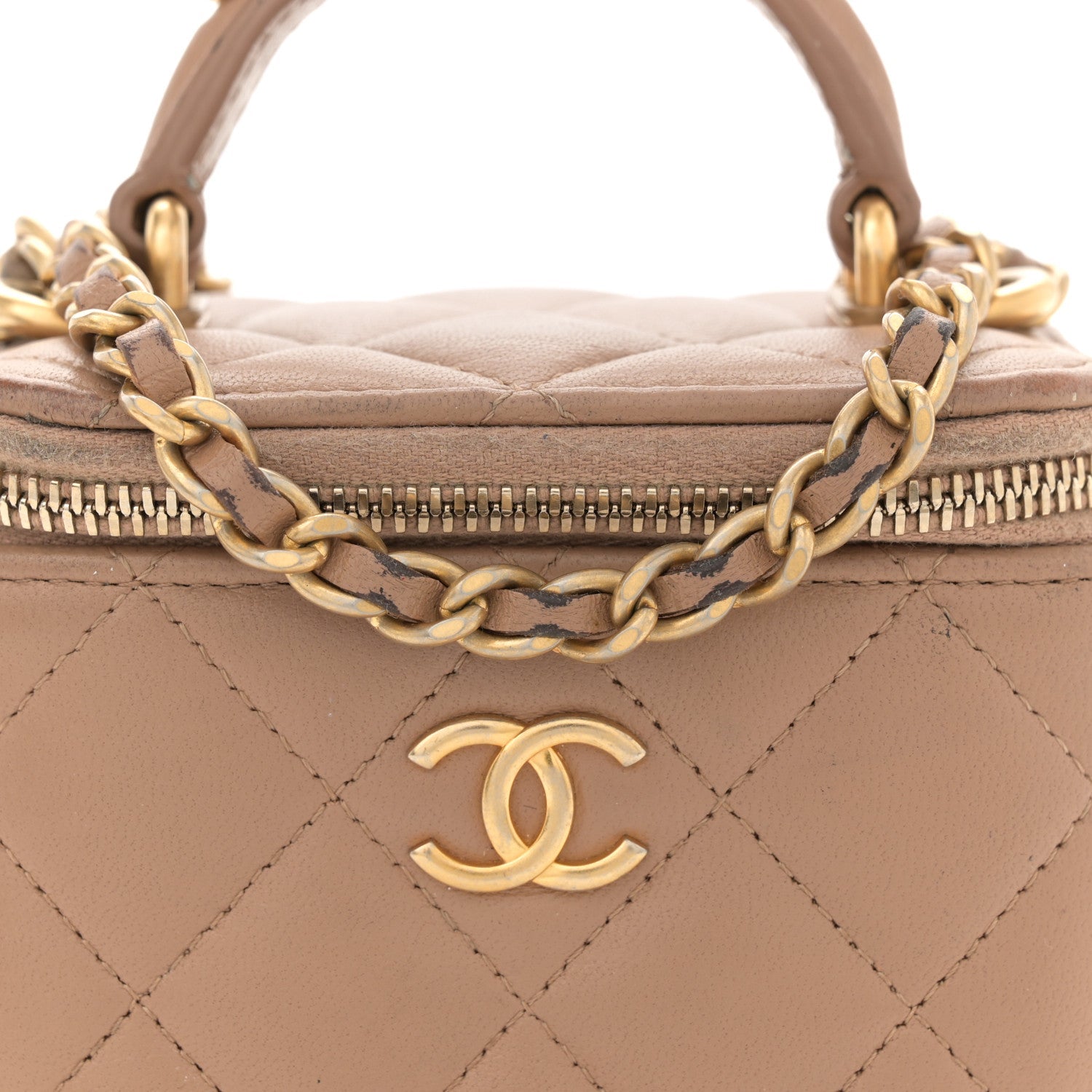 Lambskin Quilted Top Handle Mini Vanity Case With Chain Beige