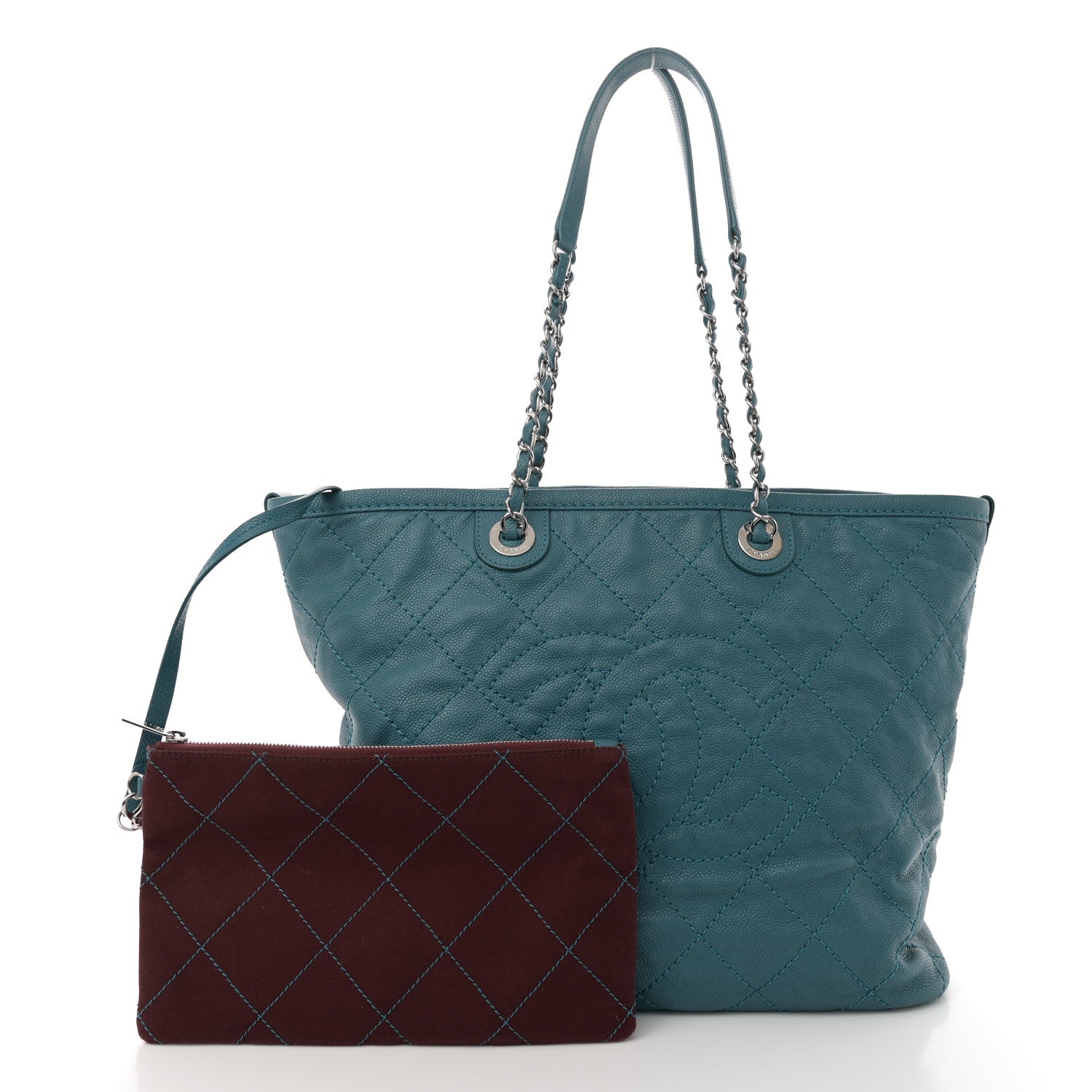 Grained Calfskin Quilted Small Daily Shopping Tote Turquoise