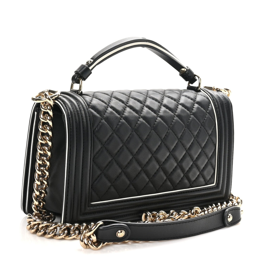 Calfskin Quilted Medium Boy Top Handle Flap Black