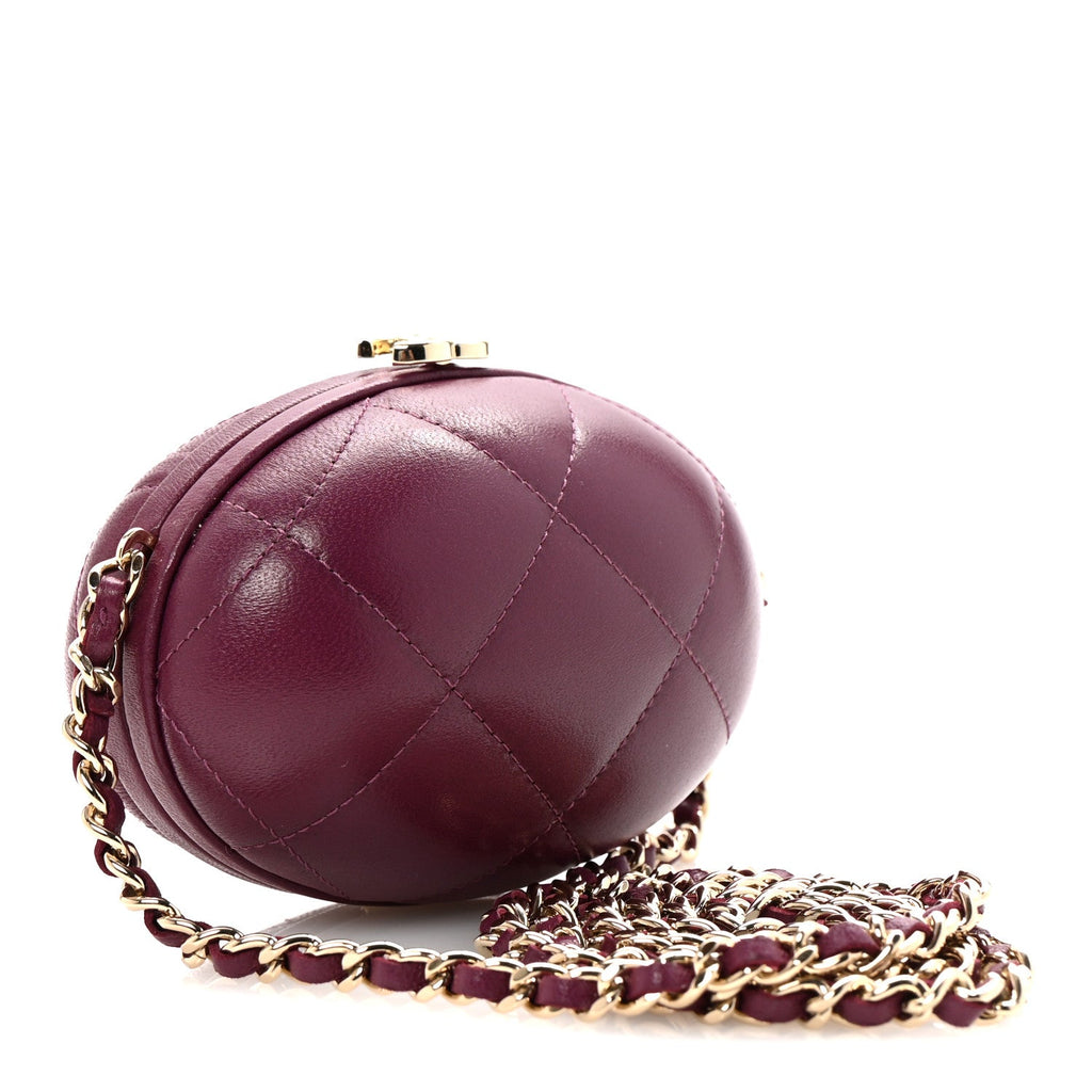 Lambskin Quilted Oval Minaudiere Chain Clutch Purple