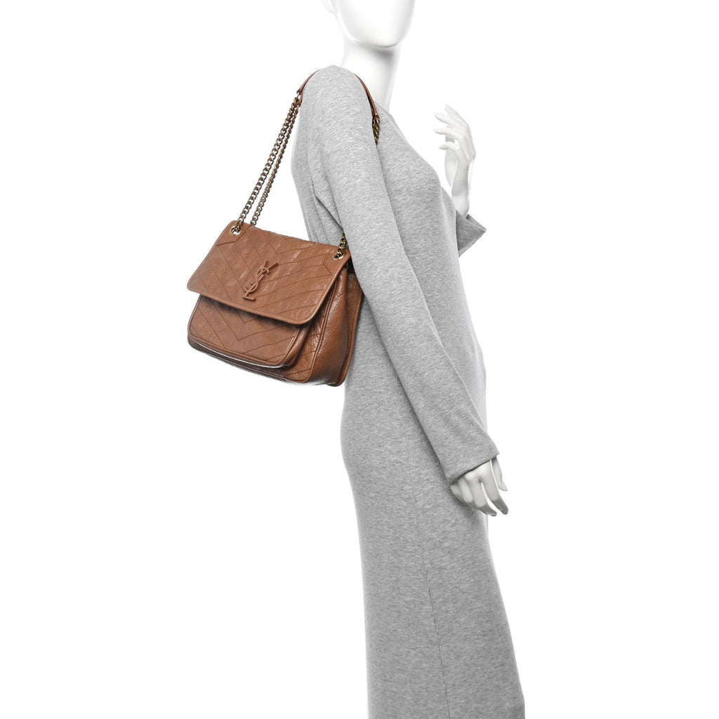 Crinkled Calfskin Matelasse Monogram Medium Niki Chain Satchel Caramel