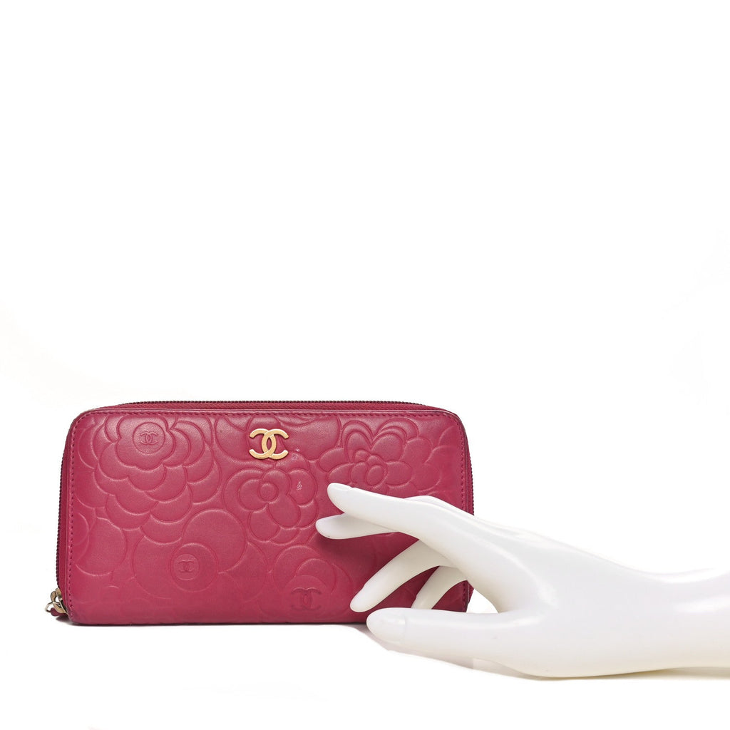 Lambskin Camellia Embossed Large Gusset Zip Around Wallet Fuchsia