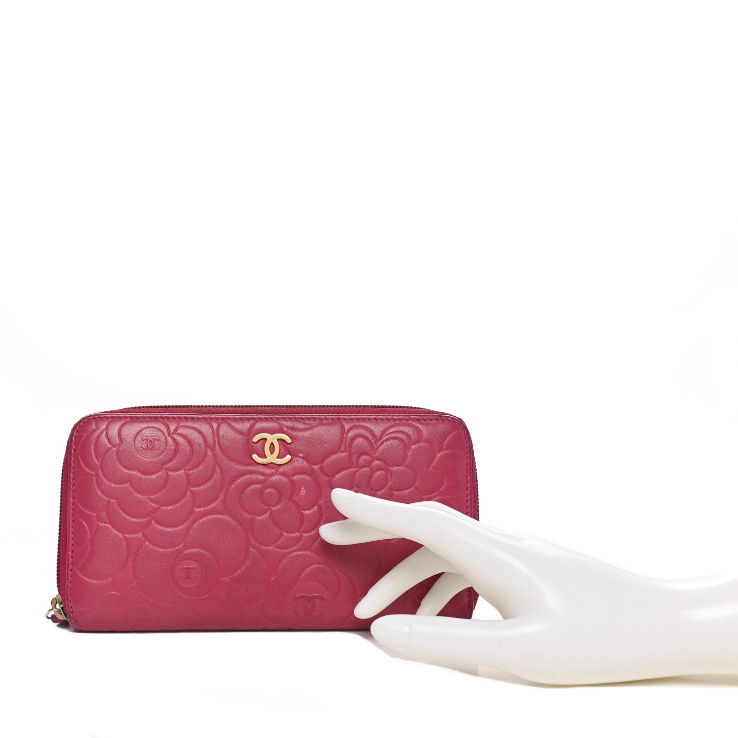 Lambskin Camellia Embossed Large Gusset Zip Around Wallet Fuchsia