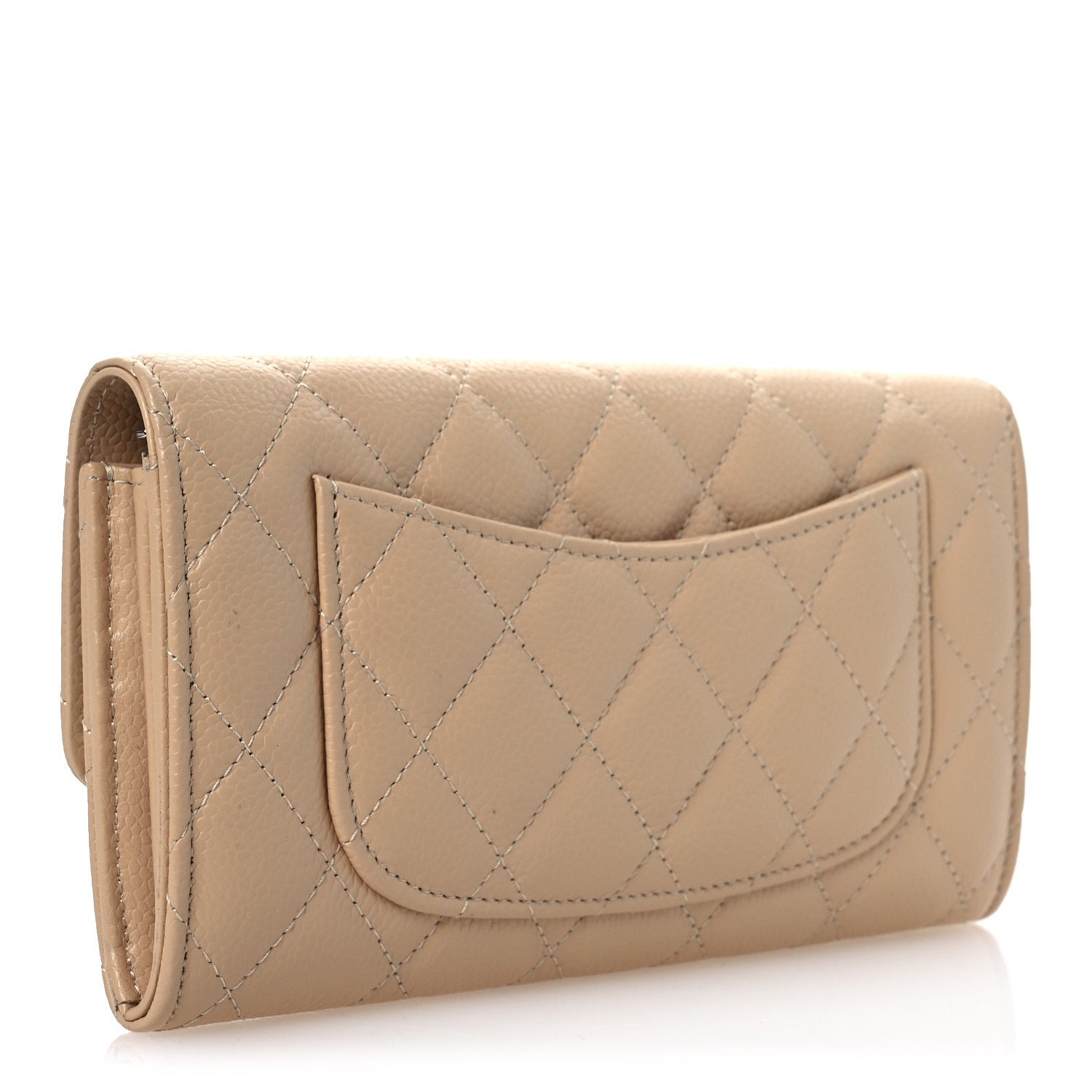 Caviar Quilted Large Gusset Flap Wallet Beige
