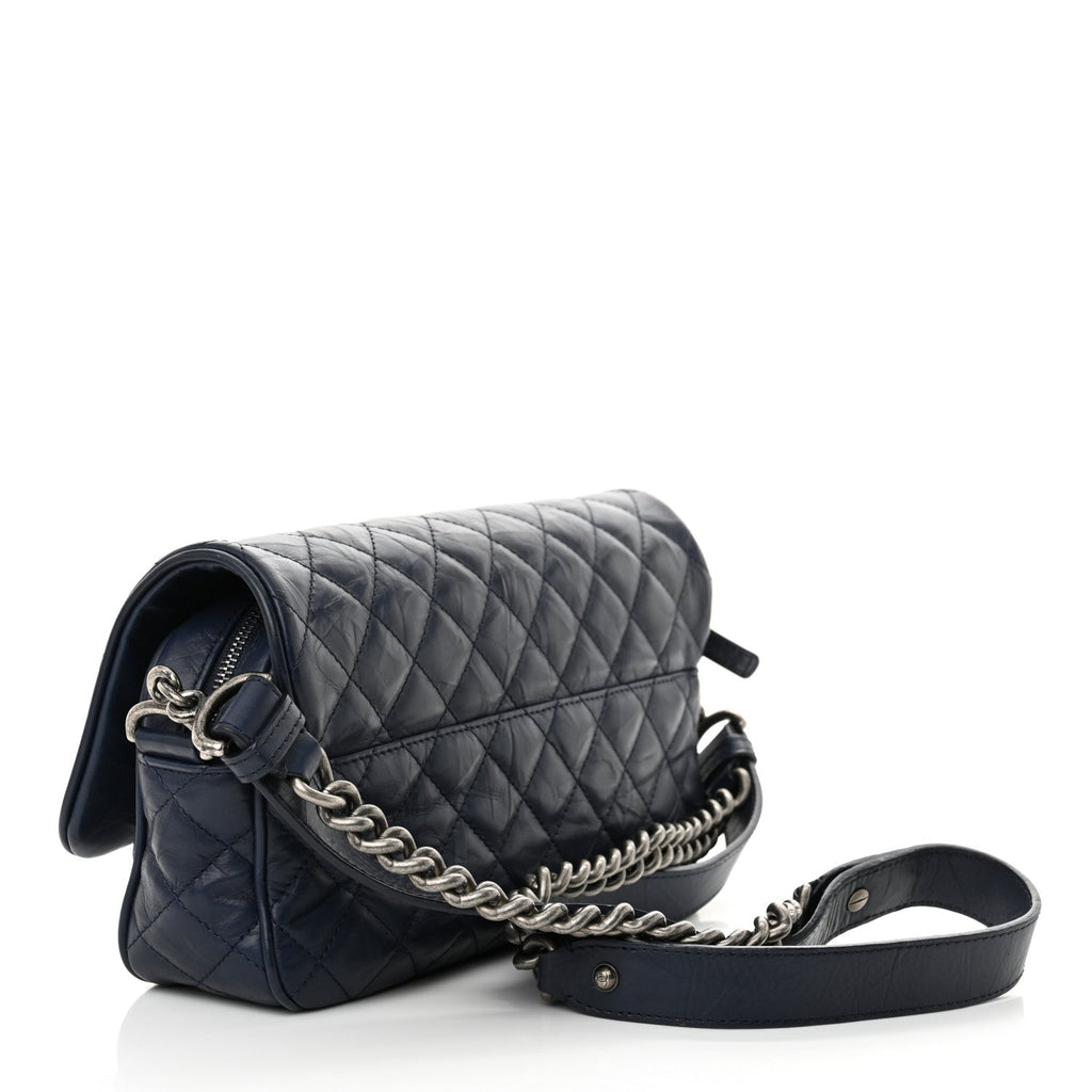 Crumpled Calfskin Quilted Medium Casual Rock Flap Navy