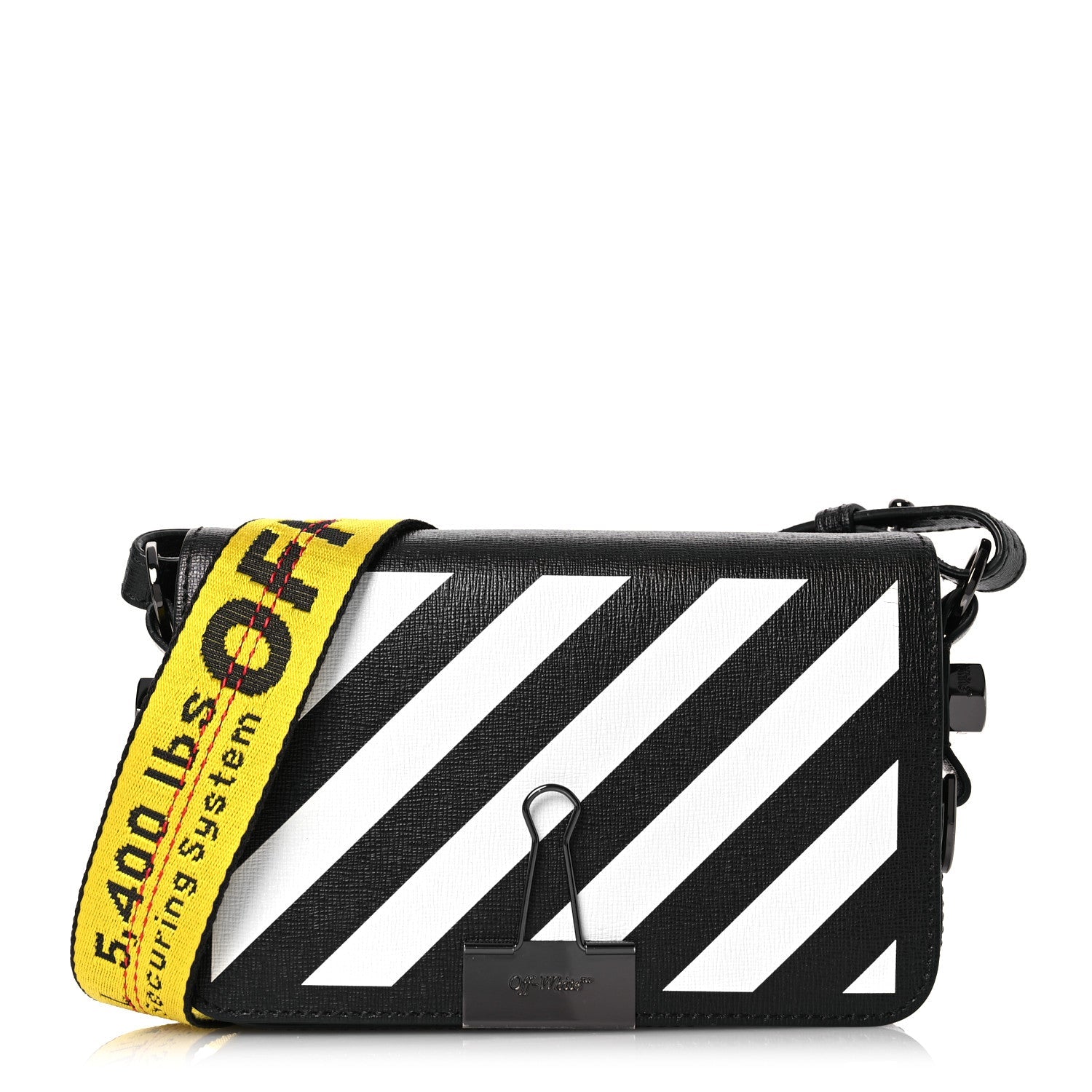 Saffiano Striped Mini Diag Binder Clip Bag Black White Yellow
