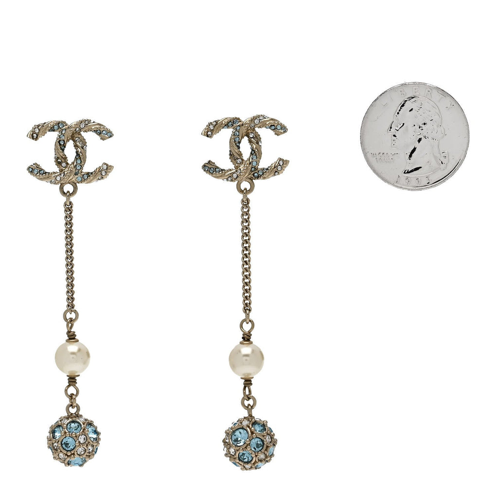 Crystal Pearl CC Ball Chain Drop Earrings Gold Blue