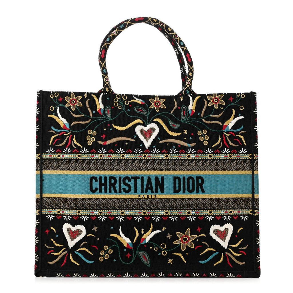 Canvas Embroidered Large Flowers Heart Book Tote Black Multicolor