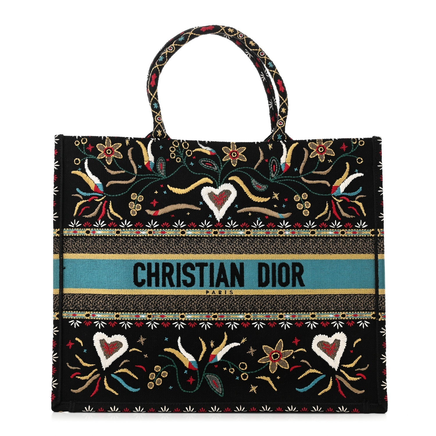 Canvas Embroidered Large Flowers Heart Book Tote Black Multicolor