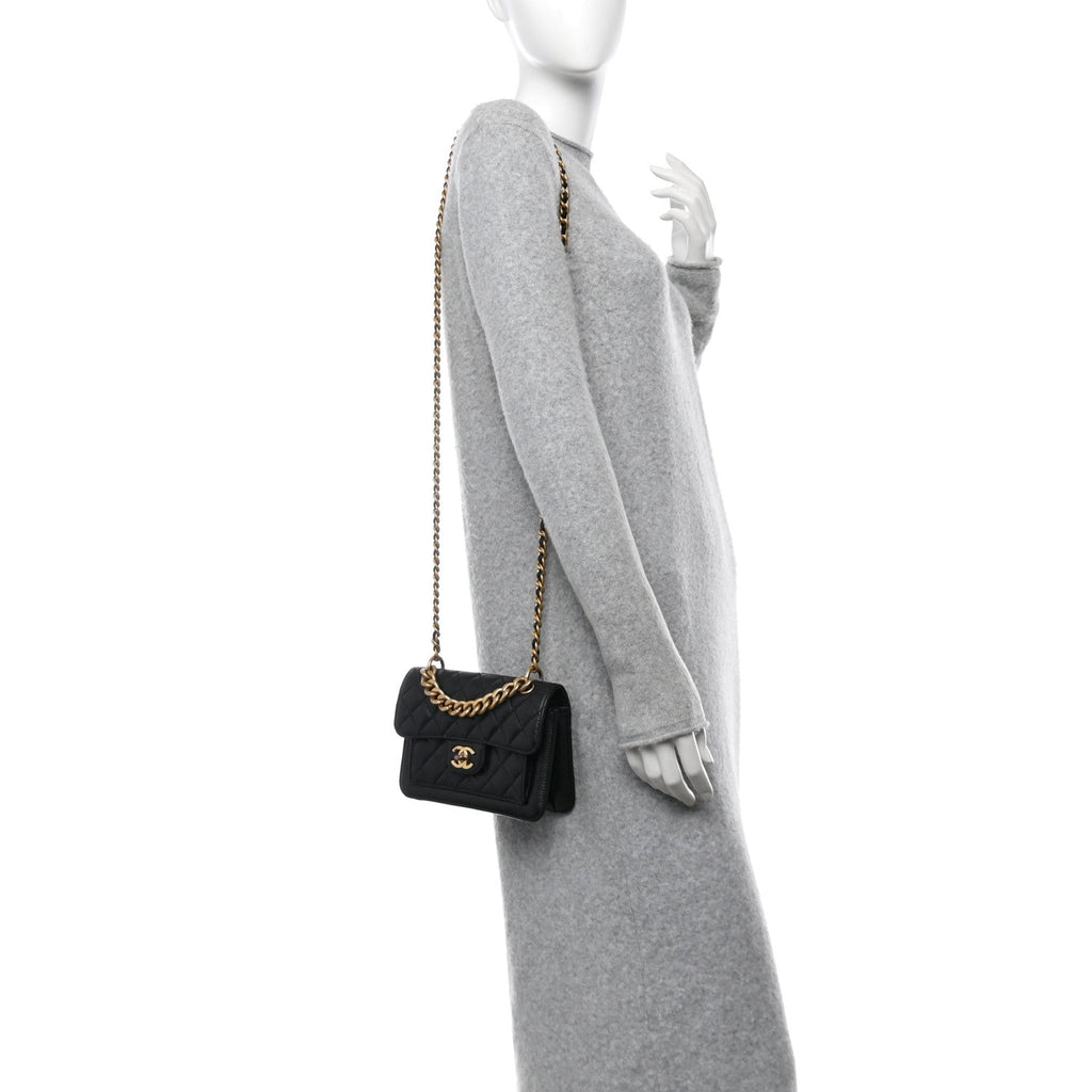 Aged Calfskin Quilted Double You Mini Flap Black