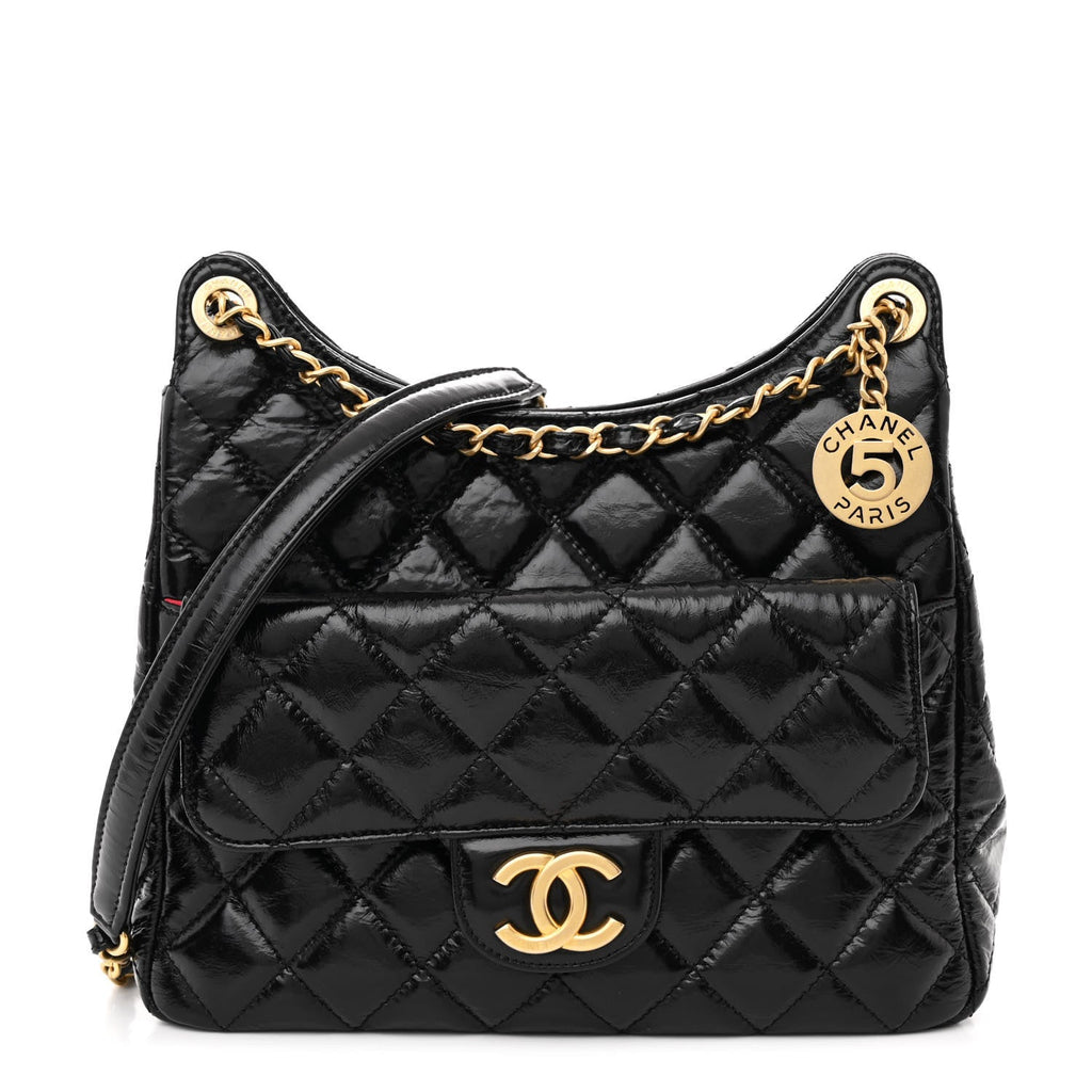 Shiny Crumpled Calfskin Quilted Wavy CC Hobo Black