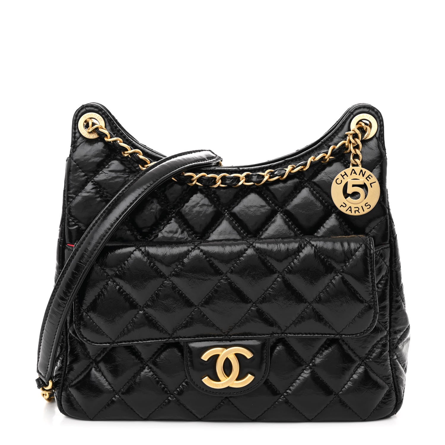 Shiny Crumpled Calfskin Quilted Wavy CC Hobo Black