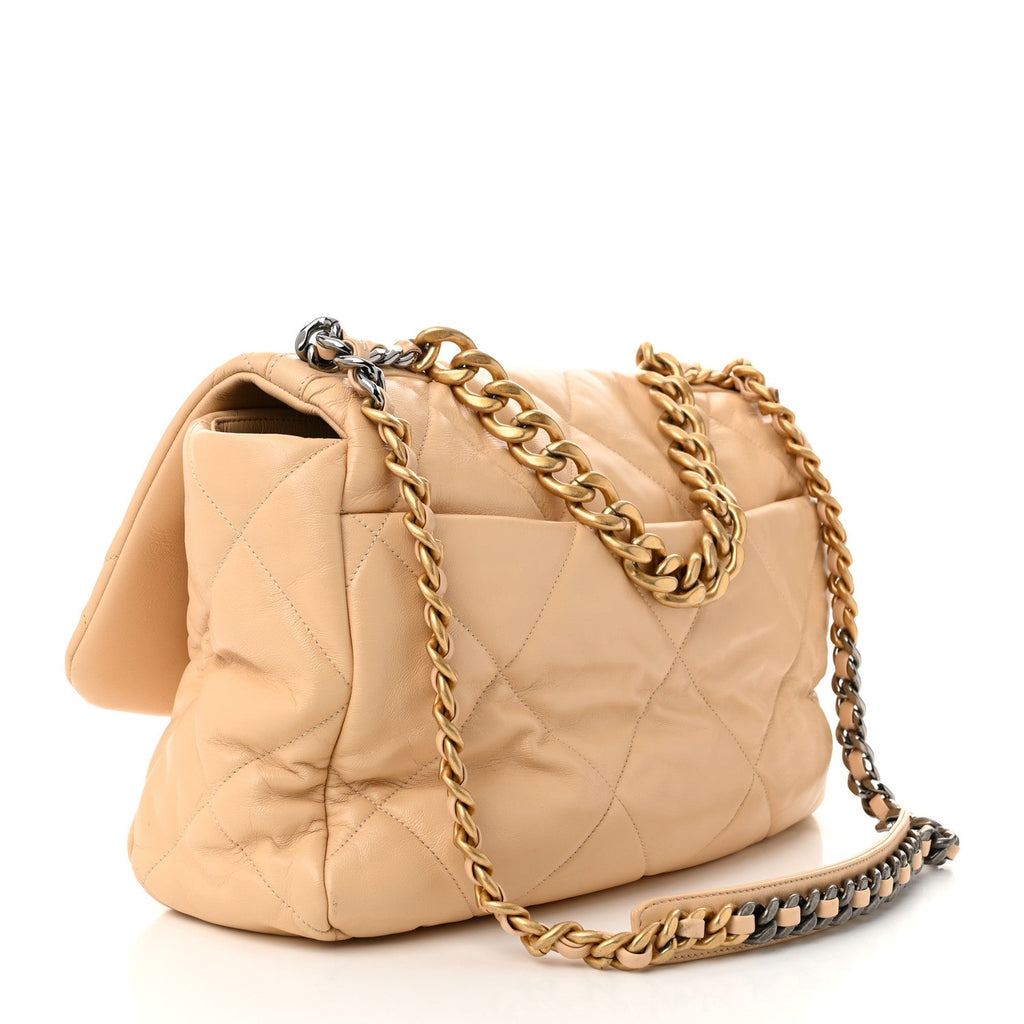 Goatskin Quilted Maxi Chanel 19 Flap Beige