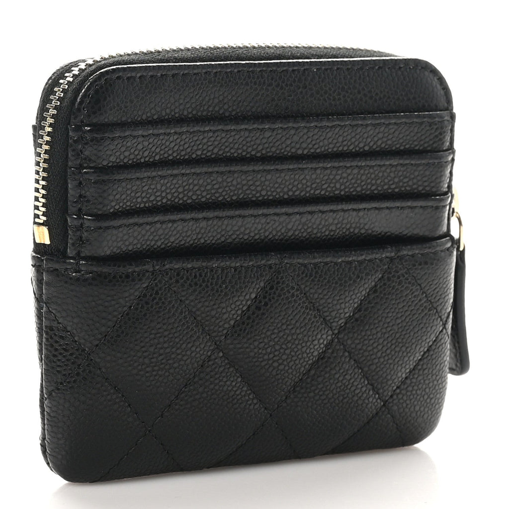 Caviar Quilted Zip  Holder Wallet Black