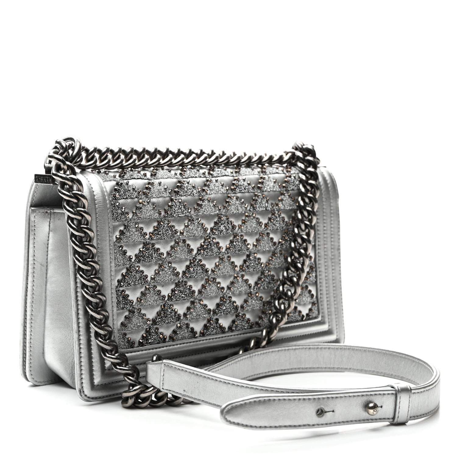 Metallic Lambskin Embellished Medium Boy Flap Silver