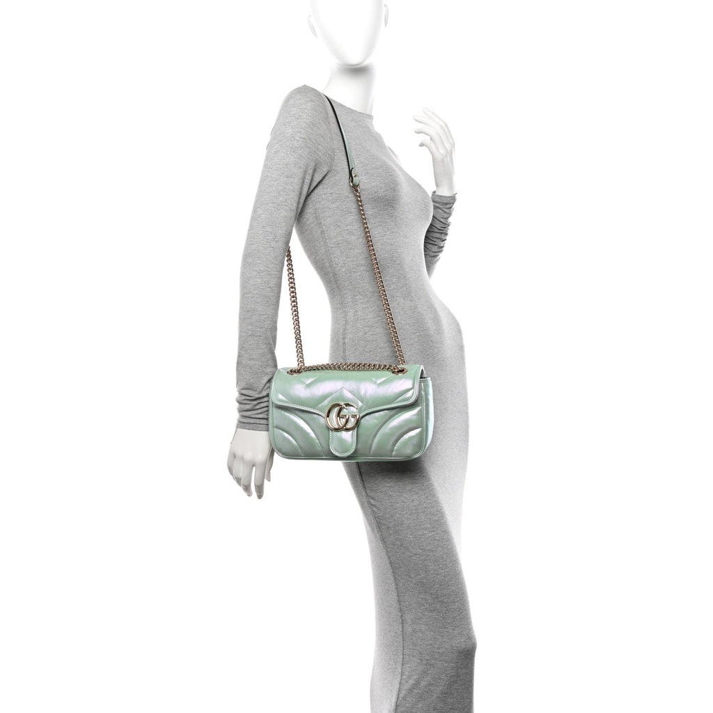 Iridescent Nappa Chevron Matelasse Small GG Marmont Shoulder Bag Iridescent Snow Light Blue