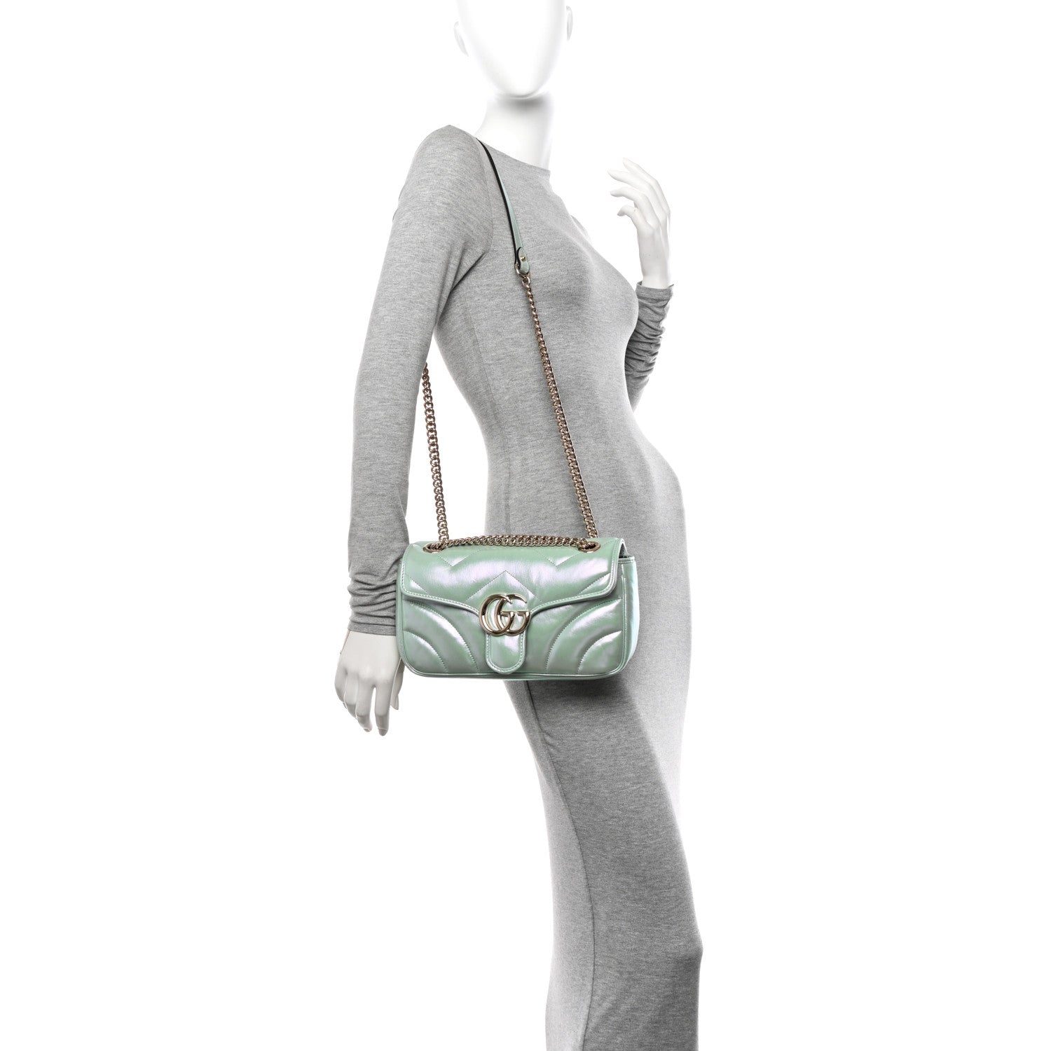 Iridescent Nappa Chevron Matelasse Small GG Marmont Shoulder Bag Iridescent Snow Light Blue