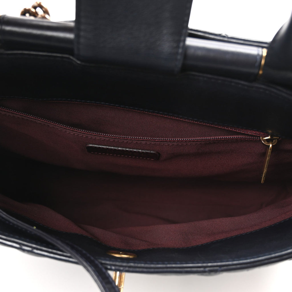Calfskin Quilted Large Gold Bar Top Handle Tote Dark Navy Blue