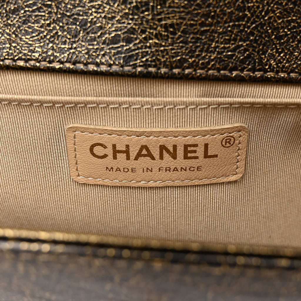 Cracked Metallic Calfskin Quilted Medium Boy Flap Gold