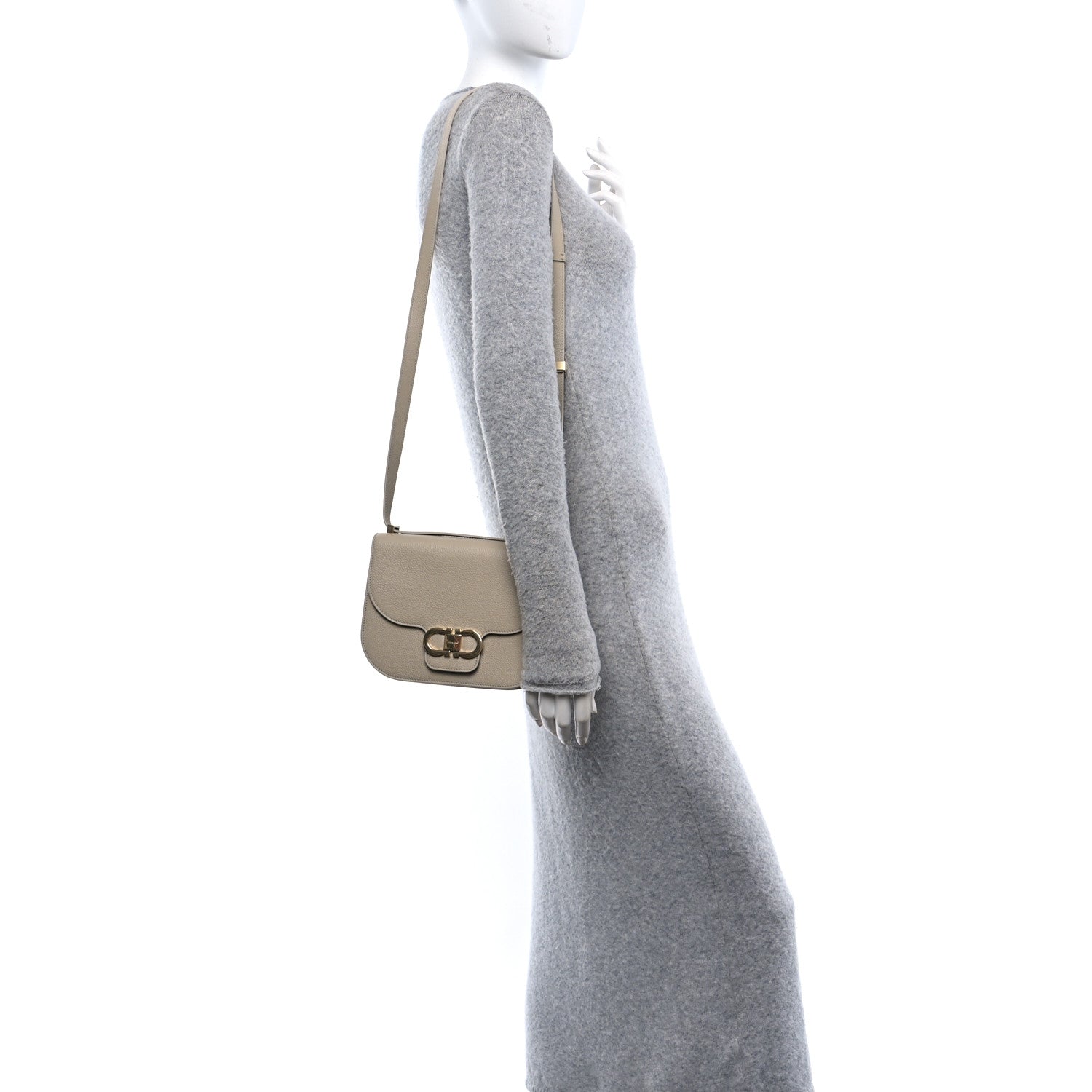 Grained Calfskin Double Gancini Crossbody Stone