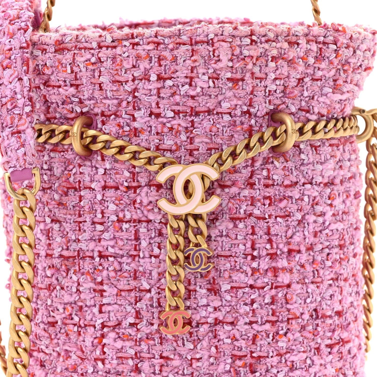 Tweed Enamel Quilted Pending CC Bucket Drawstring Bag Pink Purple