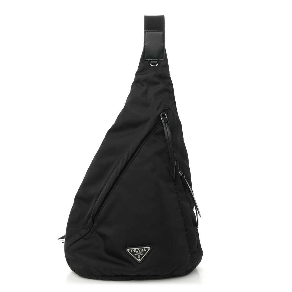 Re-Nylon Vitello Metal Triangle Logo Sling Backpack Black