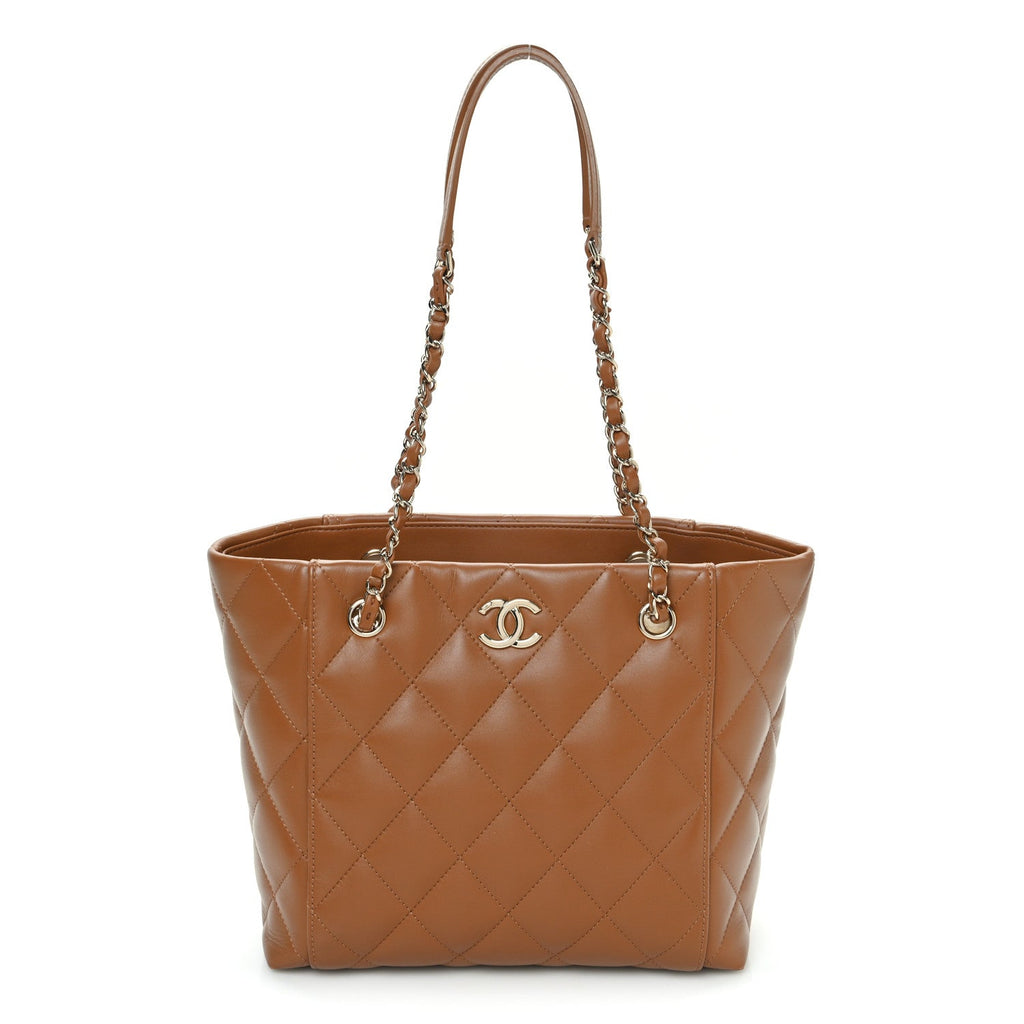 Calfskin Quilted Small Shopping Tote Dark Beige
