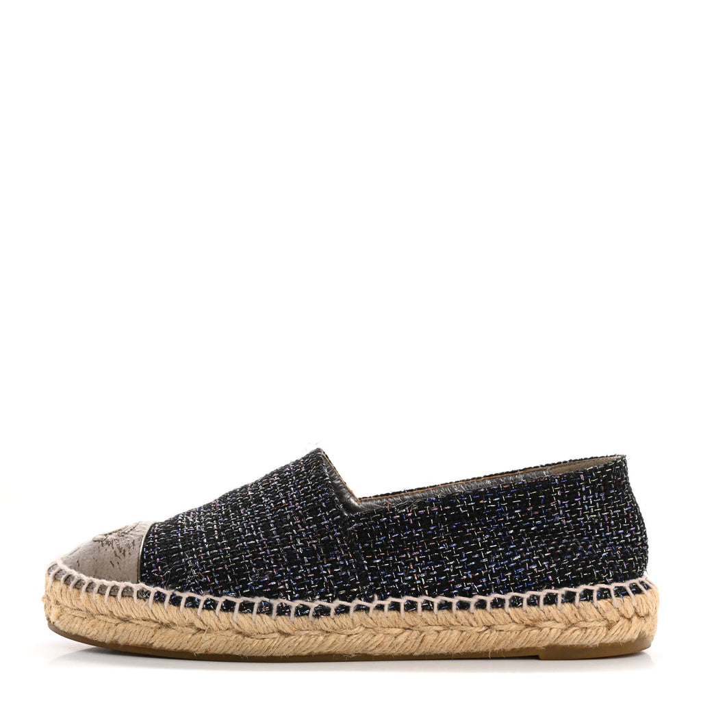 Metallic Tweed Patent CC Espadrilles 37 Black Silver