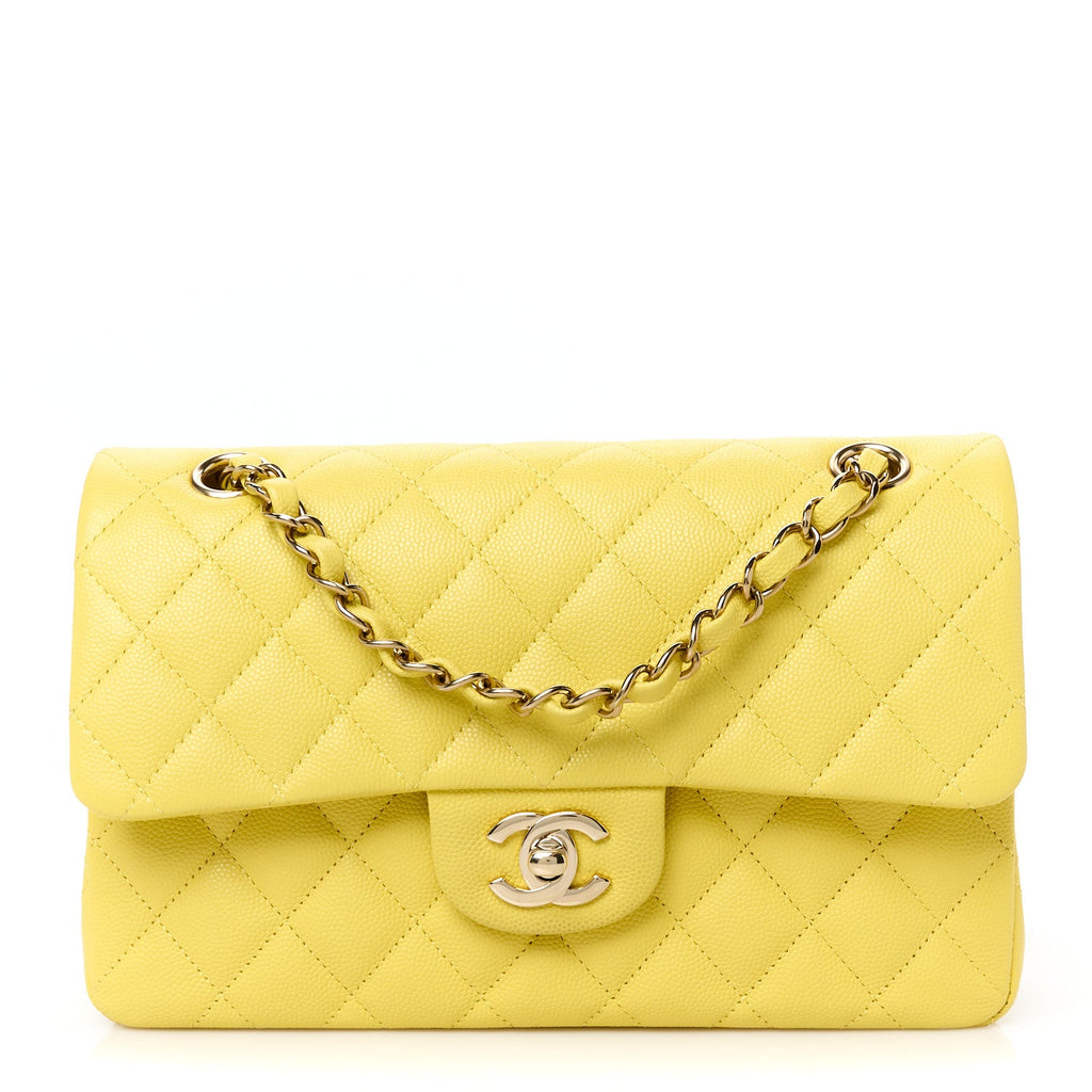 Caviar Quilted Small Double Flap Light Yellow