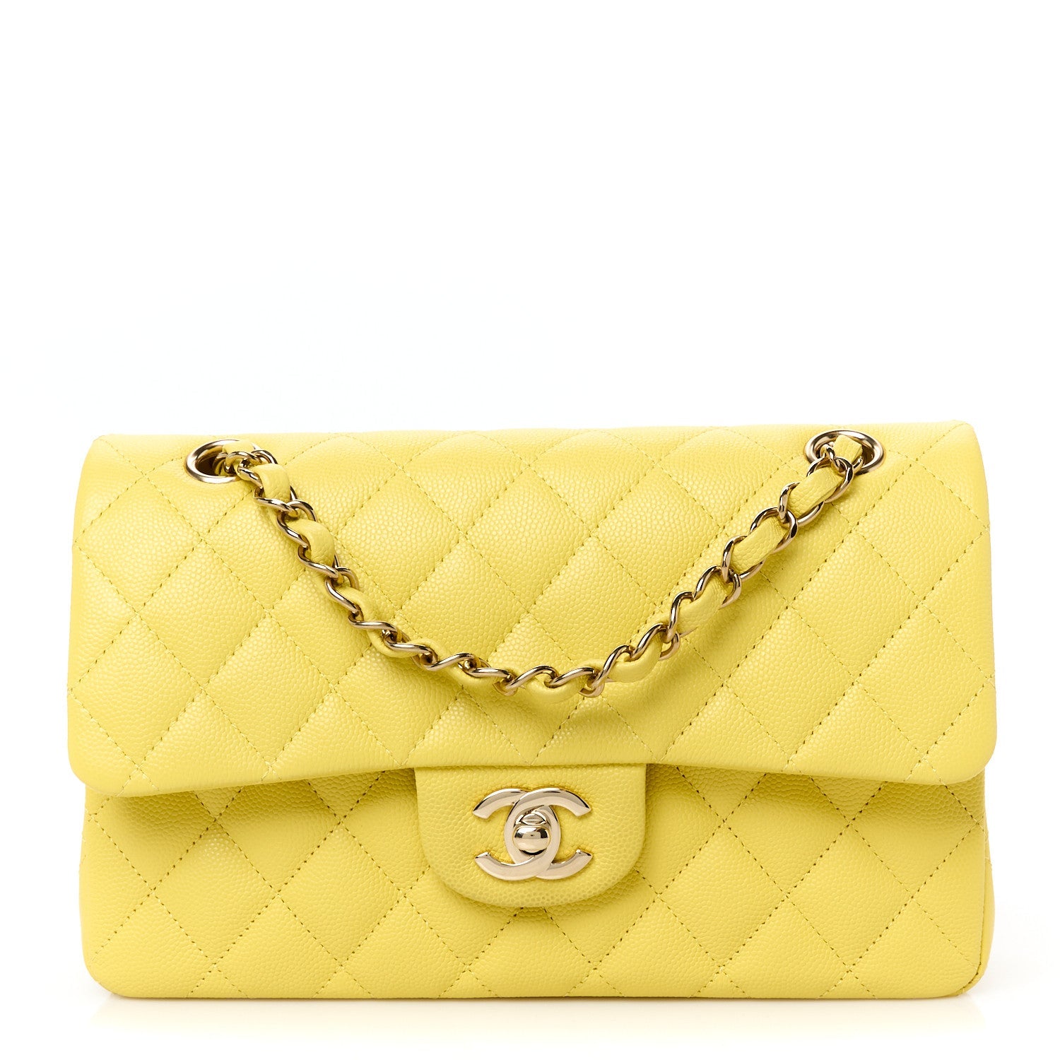 Caviar Quilted Small Double Flap Light Yellow