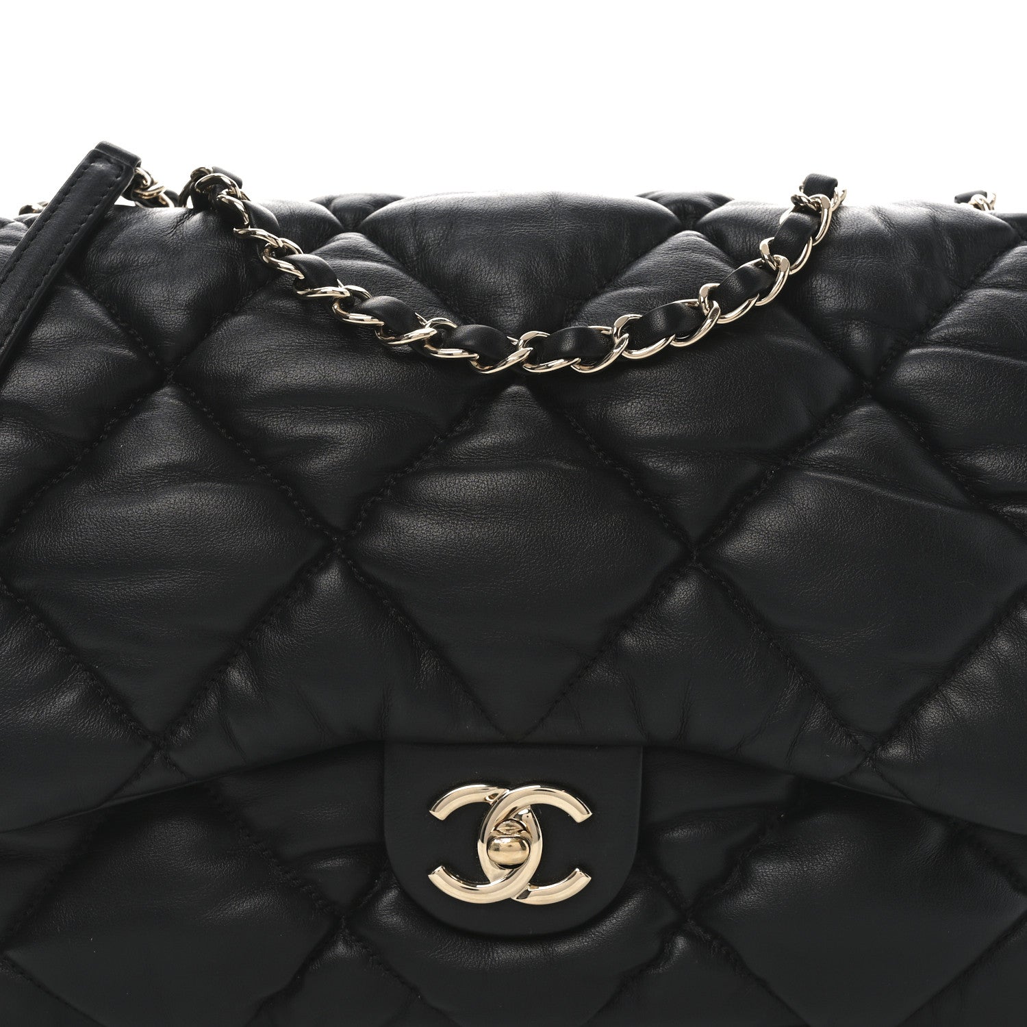 Calfskin Quilted Large Bubbly Flap Black