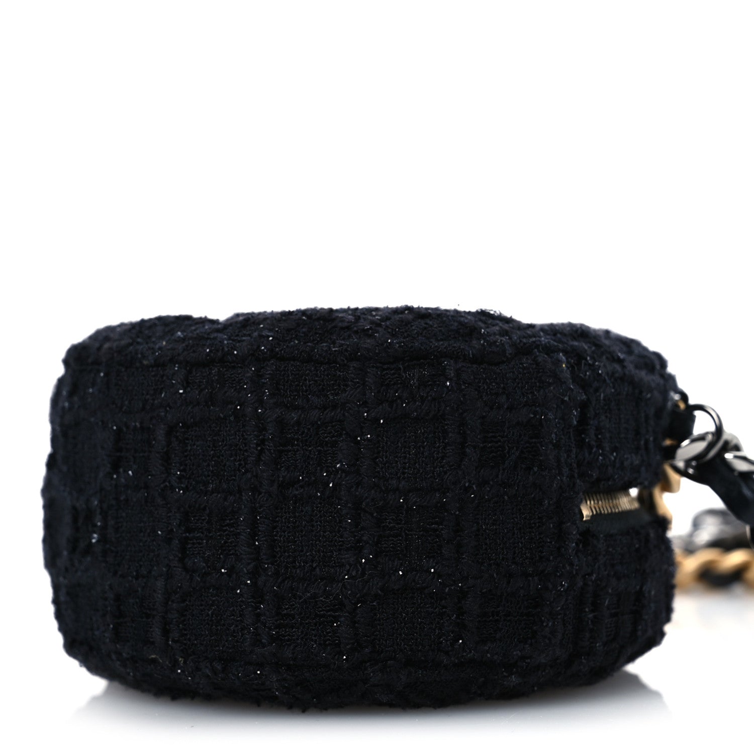 Tweed Quilted 19 Round Clutch With Chain Black