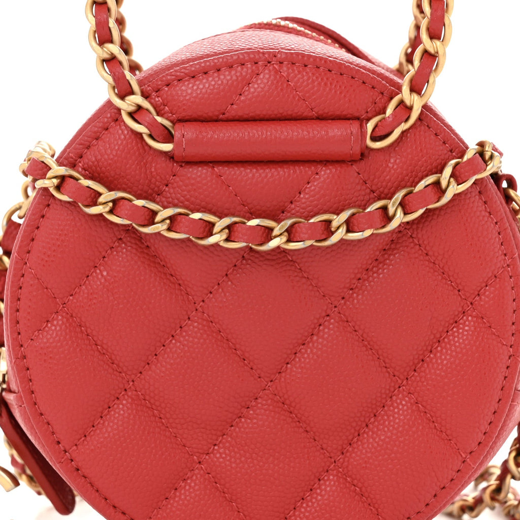 Caviar Quilted Chain Handle Round Clutch With Chain Bag  Red