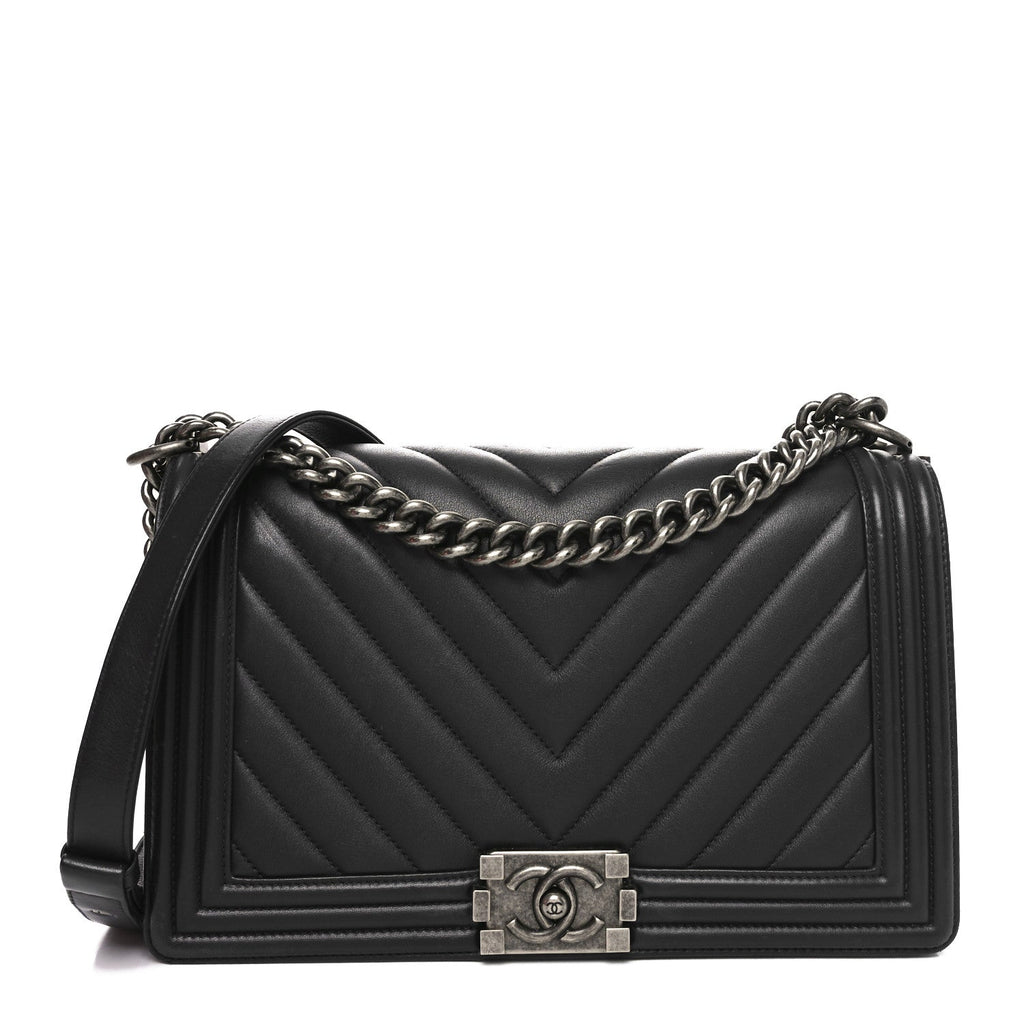 Lambskin Chevron Quilted New Medium Boy Flap Dark Navy Blue