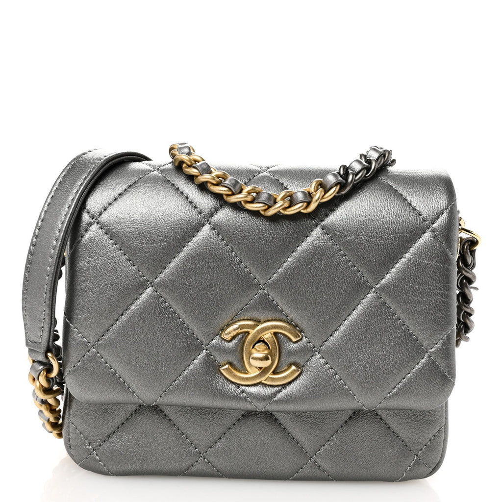 Metallic Lambskin Quilted Mini Side Note Flap Grey