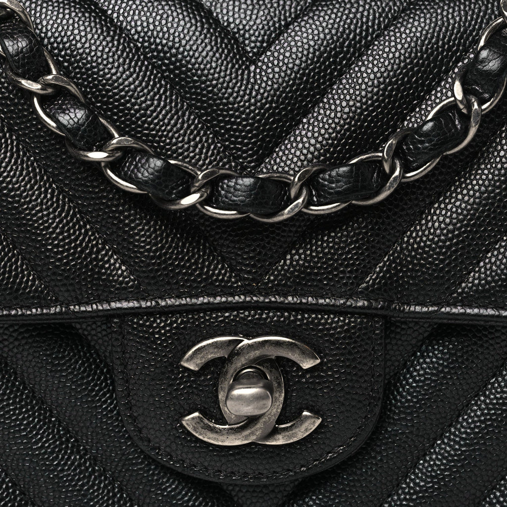 Metallic Caviar Chevron Quilted Mini Rectangular Flap Black
