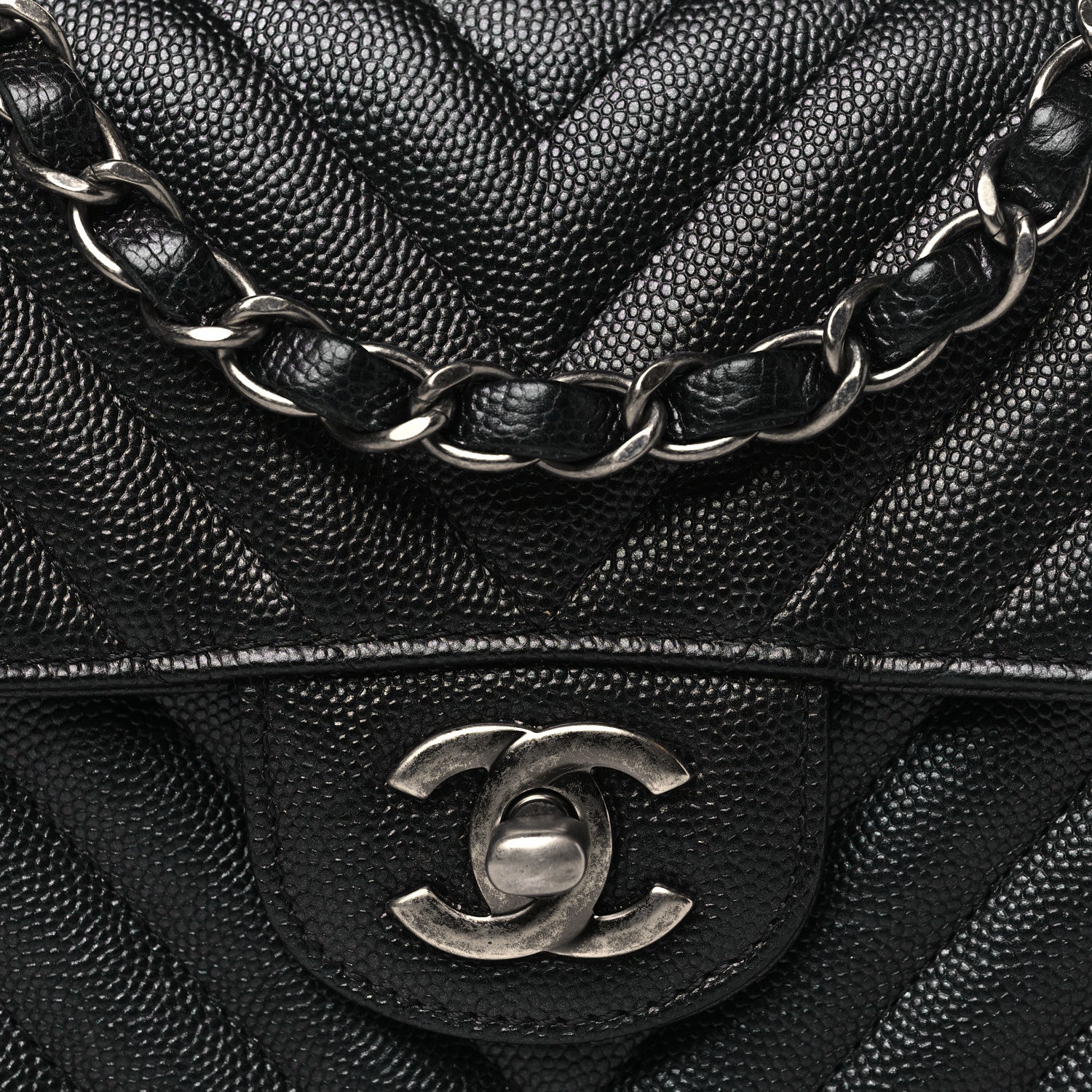 Metallic Caviar Chevron Quilted Mini Rectangular Flap Black