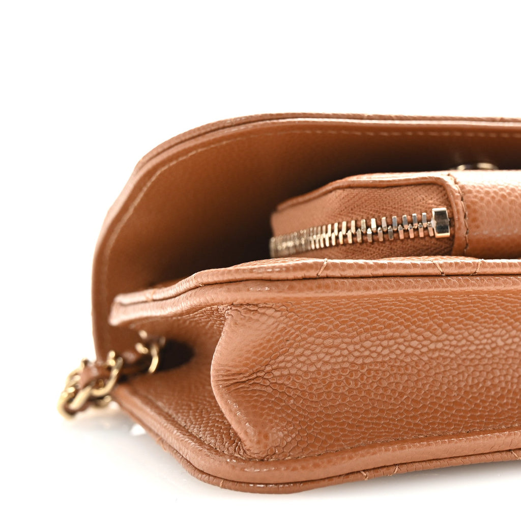 Caviar Quilted Business Affinity Clutch With Chain Flap Dark Beige