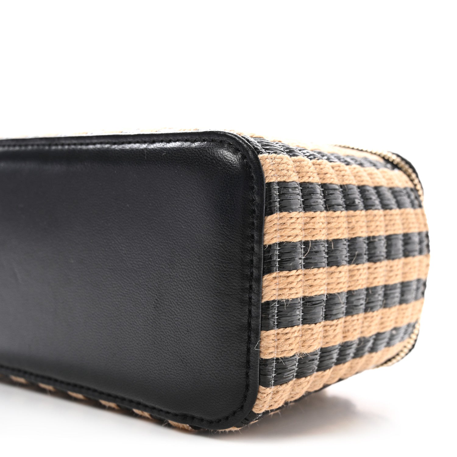Raffia Jute Striped Small Vanity Case With Chain Black Beige