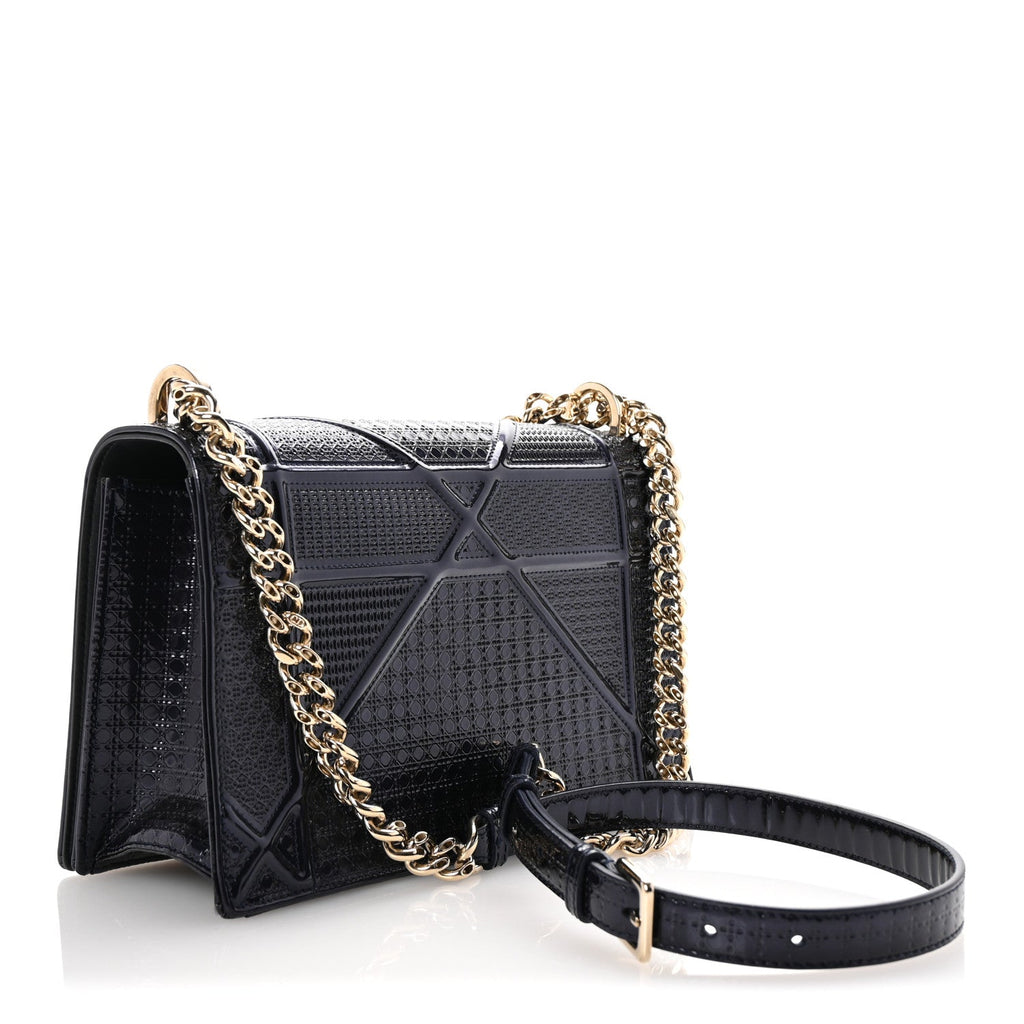Metallic Patent Micro-Cannage Medium Diorama Flap Bag Navy Blue