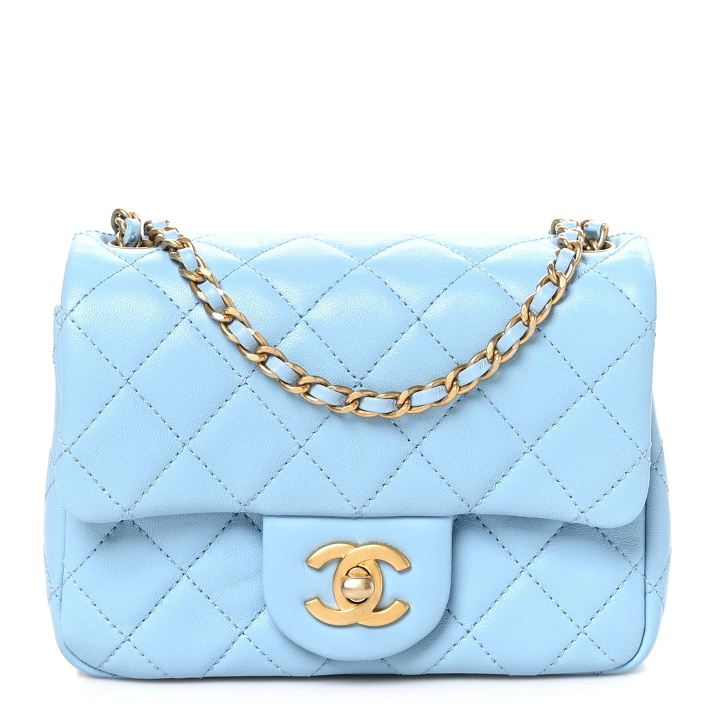 Lambskin Quilted Mini Pearl Crush Flap Light Blue
