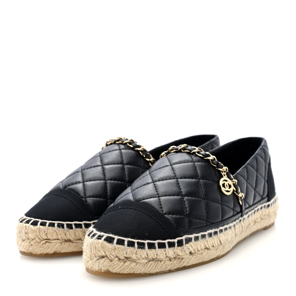 Lambskin Grosgrain Quilted CC Chain Espadrilles 36 Black