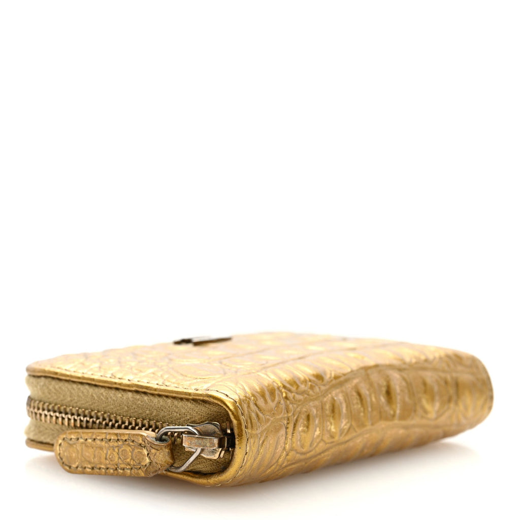 Metallic Calfskin Crocodile Embossed Cocodile Zip Coin Case Gold